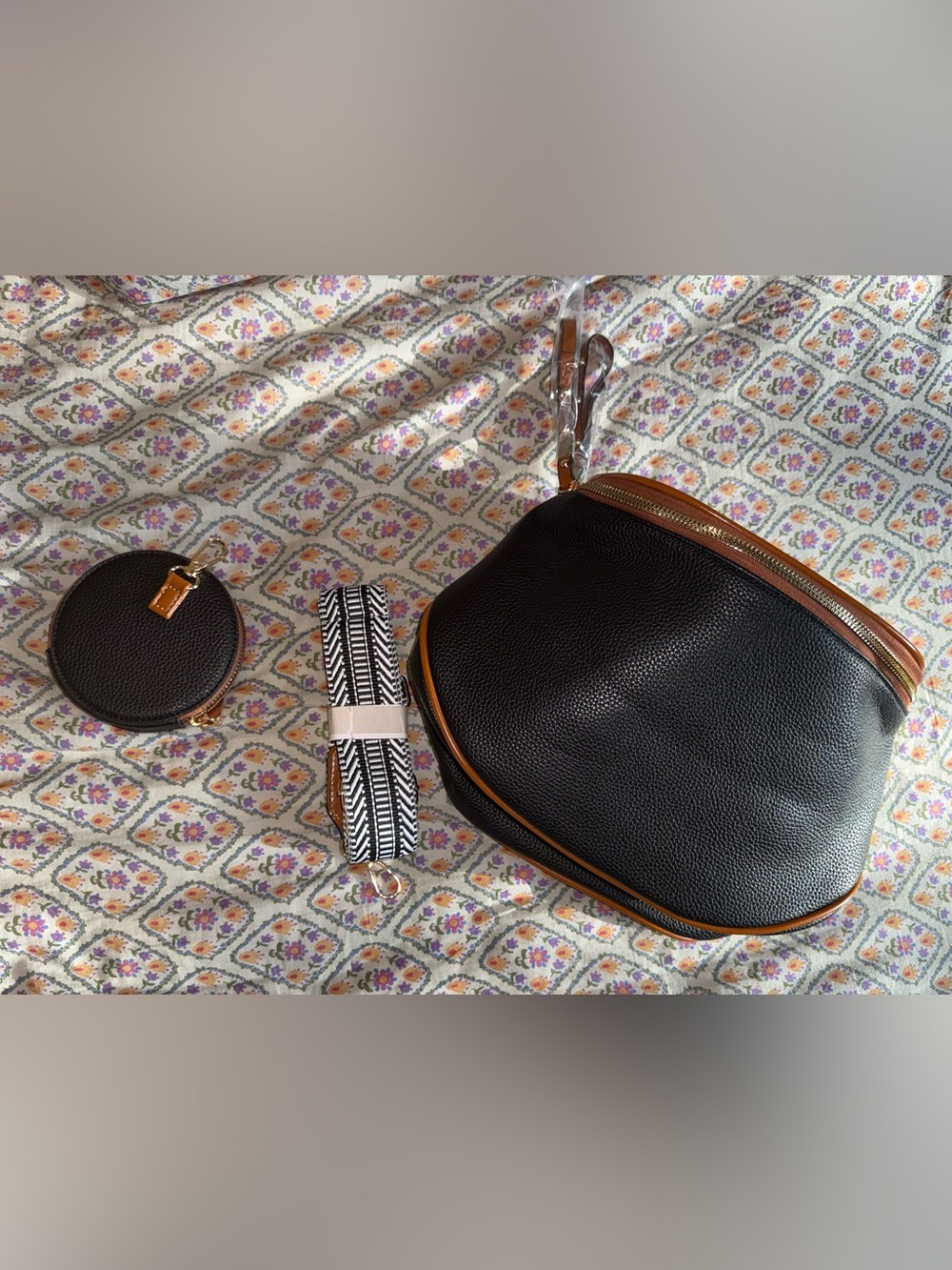 Brand New! Never used! Black Pebbled Crossbody Bag with Tan Trim